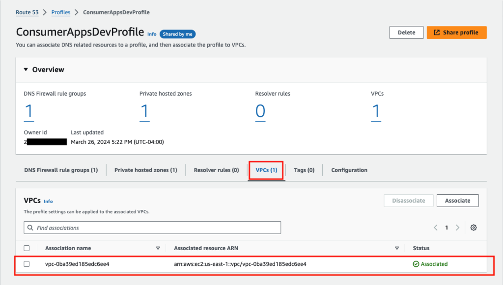 Figure 21: Route 53 Profiles showing associated VPCs in the owner account