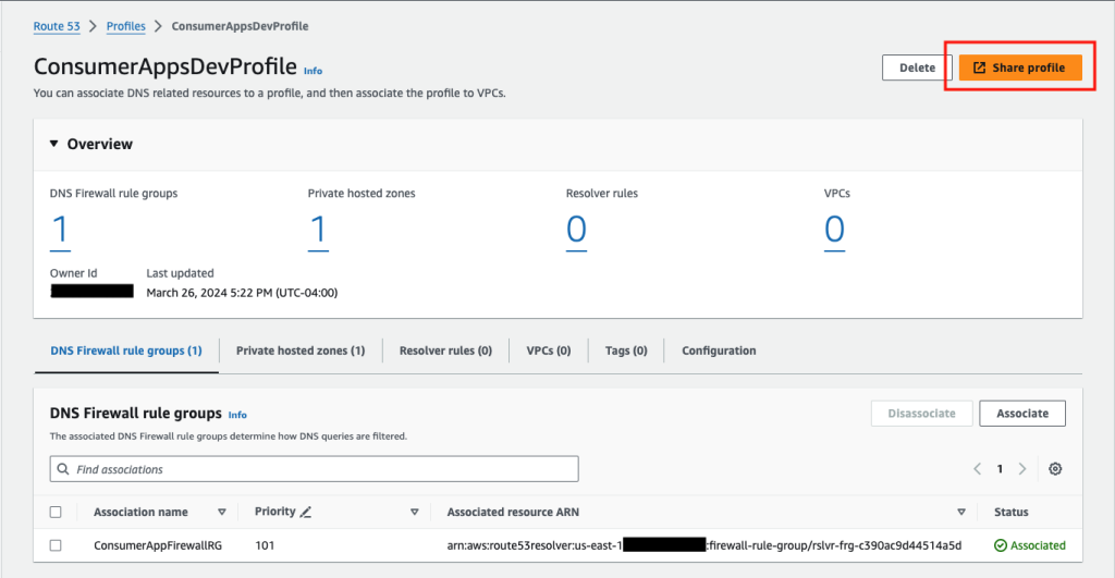 Figure 13: Share profile from the Route 53 Profiles console.
