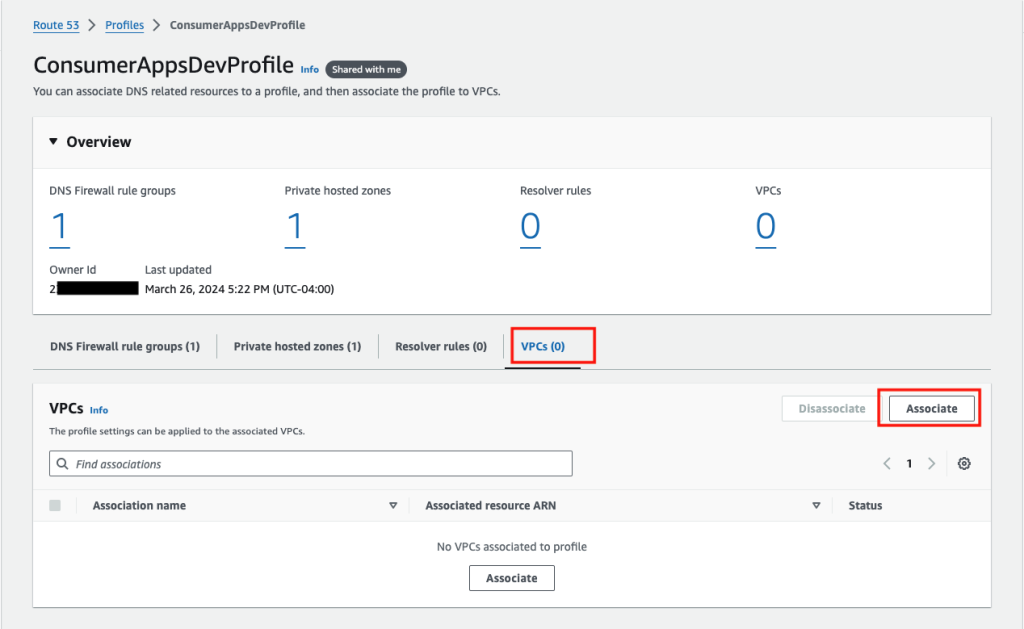 Figure 18: Route 53 Profiles showing how to associate with VPCs.