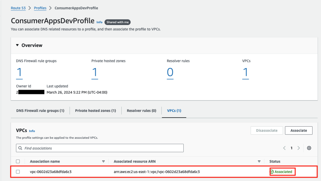 Figure 20: Route 53 showing the profile associated with the VPC.