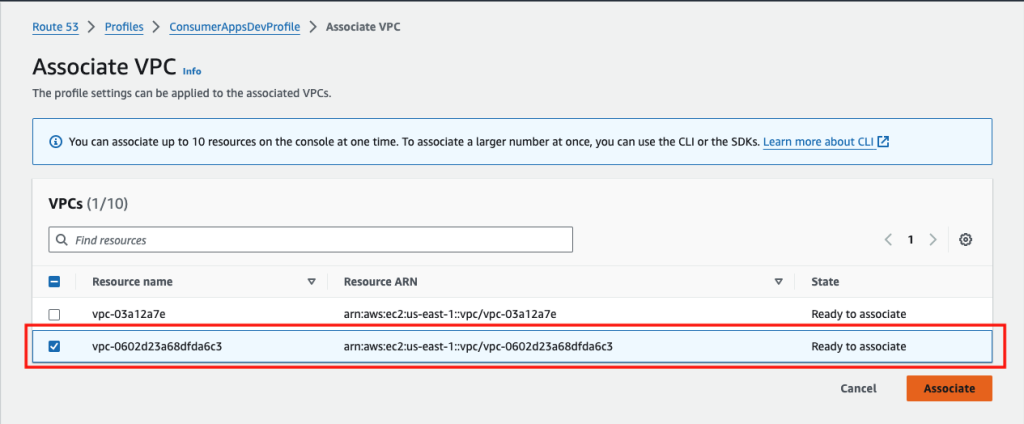 Figure 19: Route 53 Profiles showing how to associate with the selected VPC. 