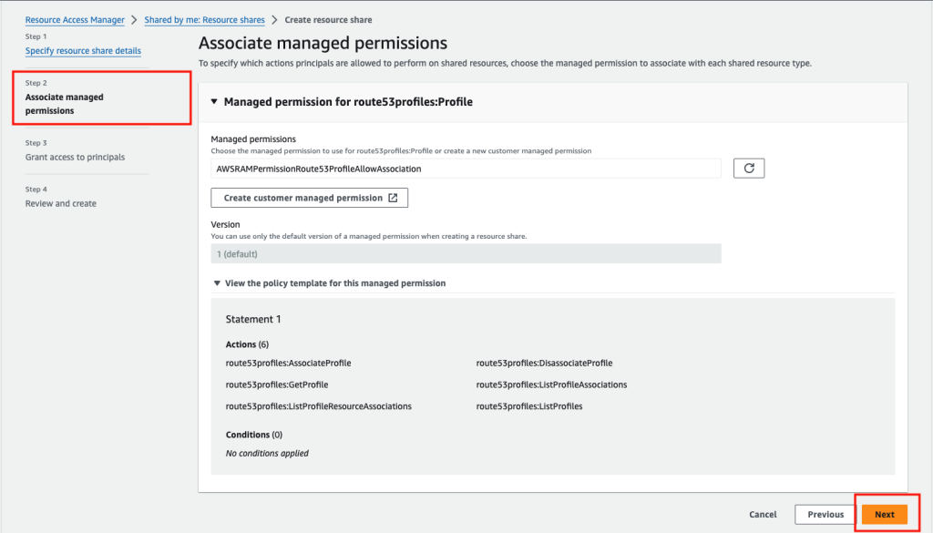 Figure 15: AWS Resource Access Manager showing how to share Route 53 Profiles managed permissions.