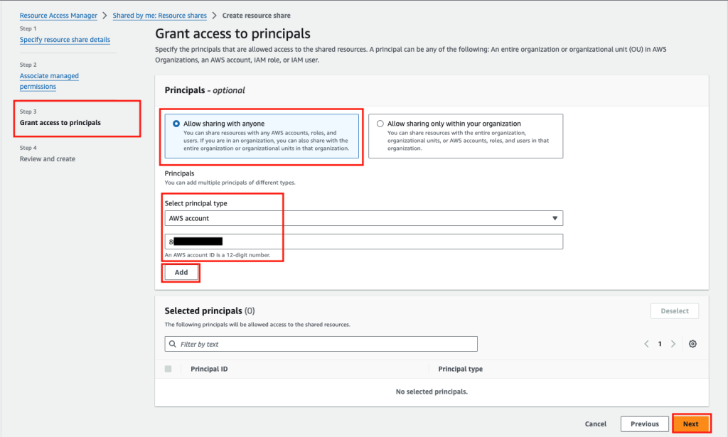 Figure 16: Resource Access Manager showing how to share Route 53 Profiles and select the principal type.