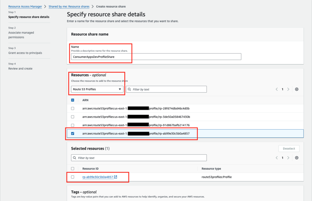Figure 14: AWS Resource Access Manager showing how to share Route 53 profiles.