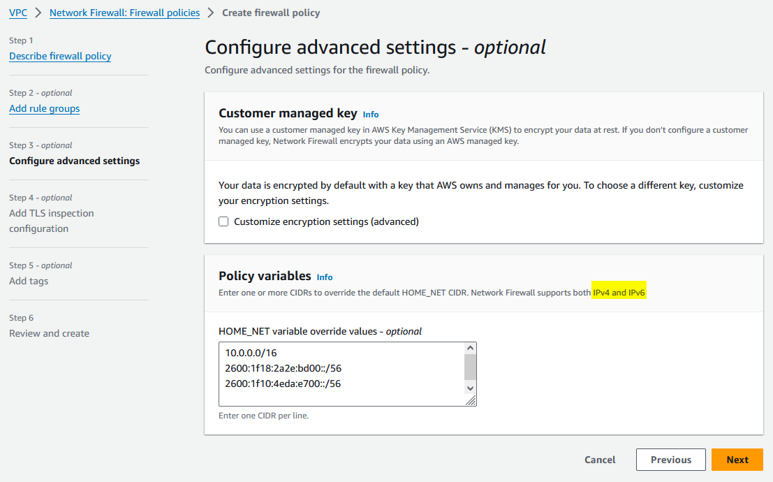 Figure 4: AWS Network Firewall HOME_NET configuration