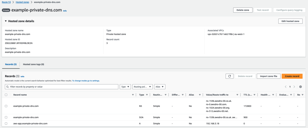 Figure 10: VPC private hosted zone associated with the VPC where inbound endpoints are configured