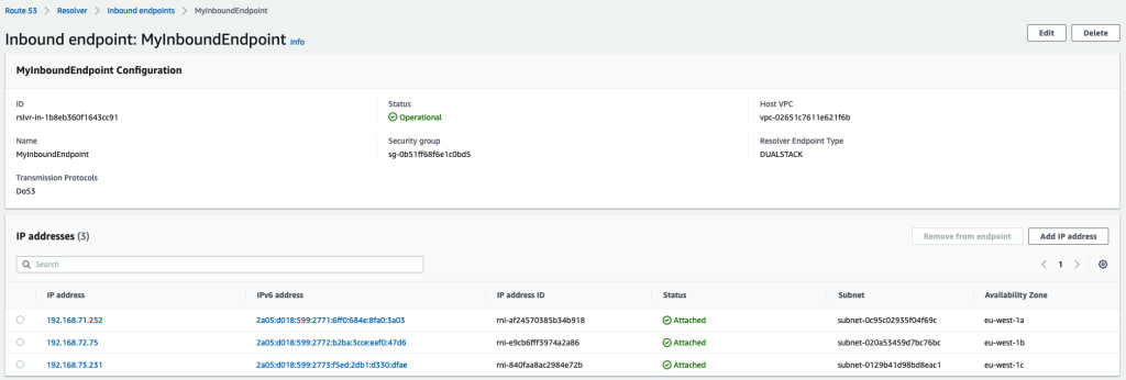 Figure 11: Inbound endpoint configuration with three IP addresses across multiple Availability Zones for high availability