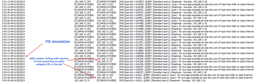 Figure 14: Wireshark packets with DNS queries failing over to redundant IP addresses during the Availability Zone simulation failure