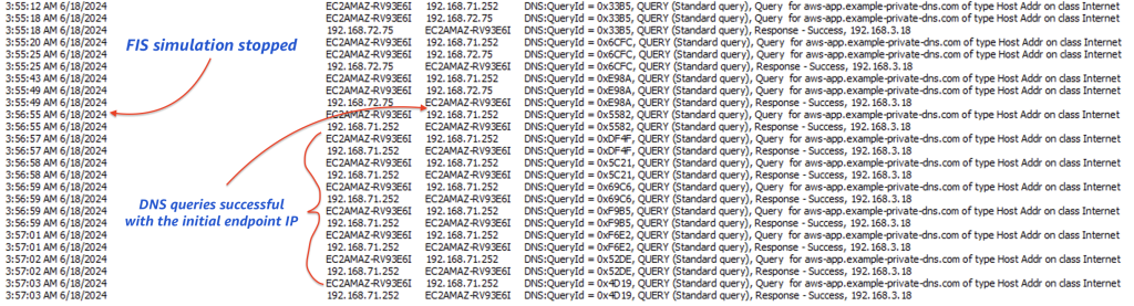 Figure 15: Wireshark packets with DNS queries to the original IP address resumed after the Availability Zone is active