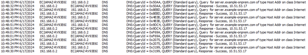 Figure 5: Wireshark capture of application server sending multiple DNS queries to Route 53 Resolvers (VPC DNS)