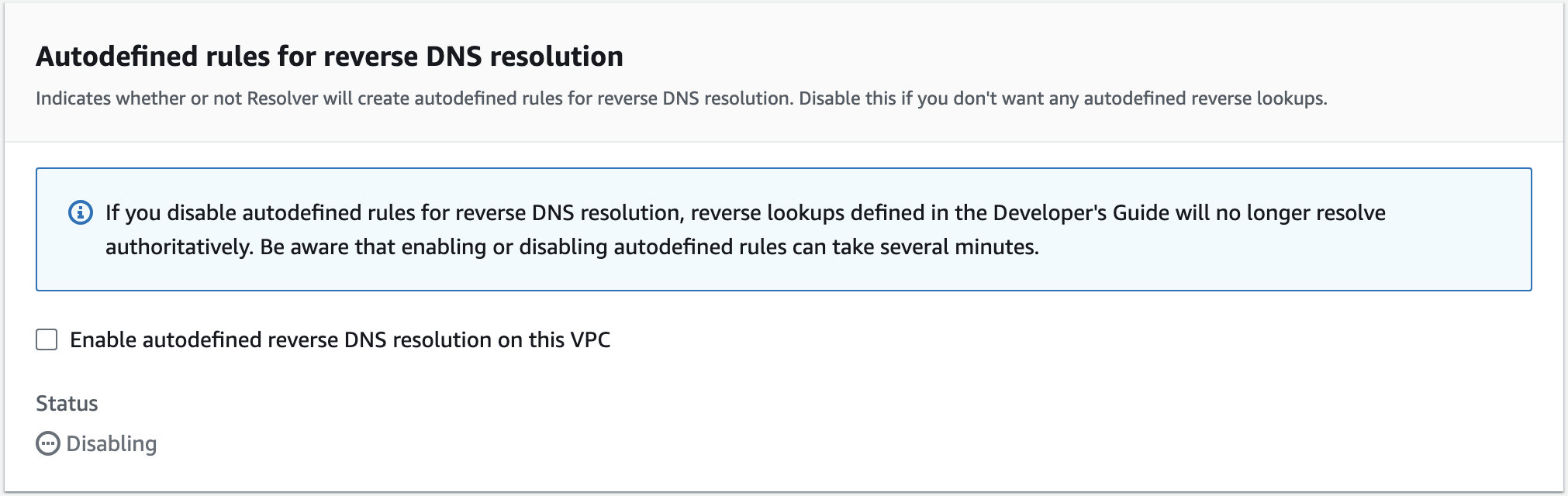 This screenshot depicts the configuration settings for disabling autodefined reverse DNS resolution