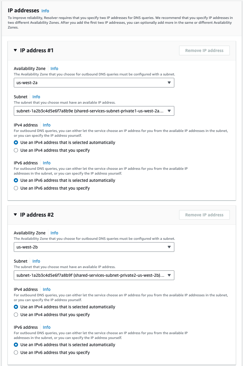 This screenshot depicts IP address configuration settings for the new outbound endpoint