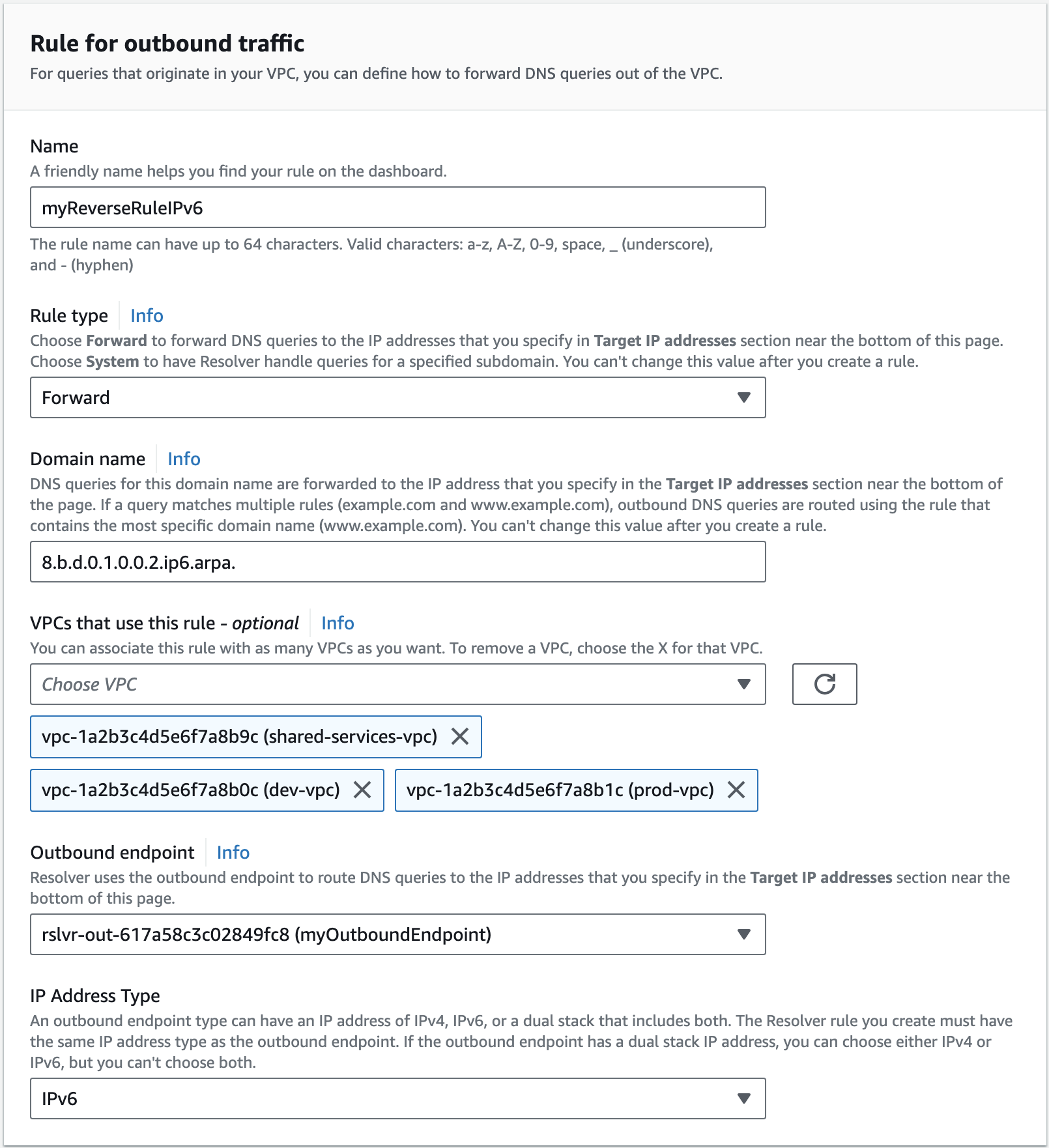 This screenshot depicts general configuration settings for the new forward resolver rule for IPv6 Reverse DNS