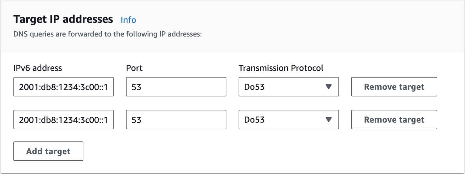 This screenshot depicts the configuration of the target IP addresses for the new forward Resolver rule