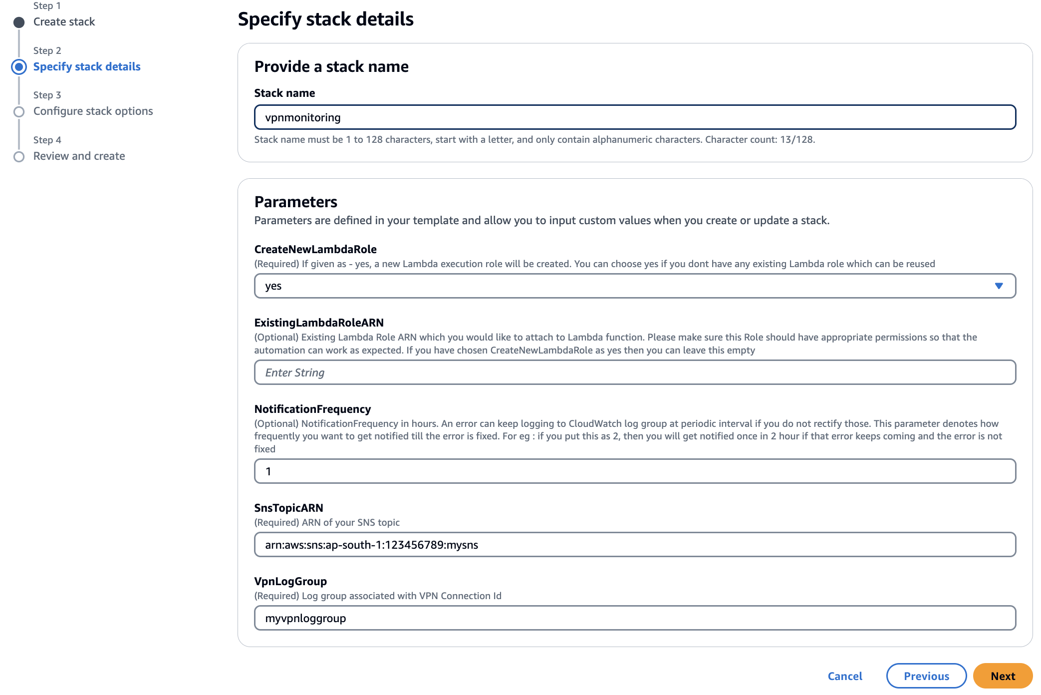 CloudFormation template input parameters for the solution as they appear on the console