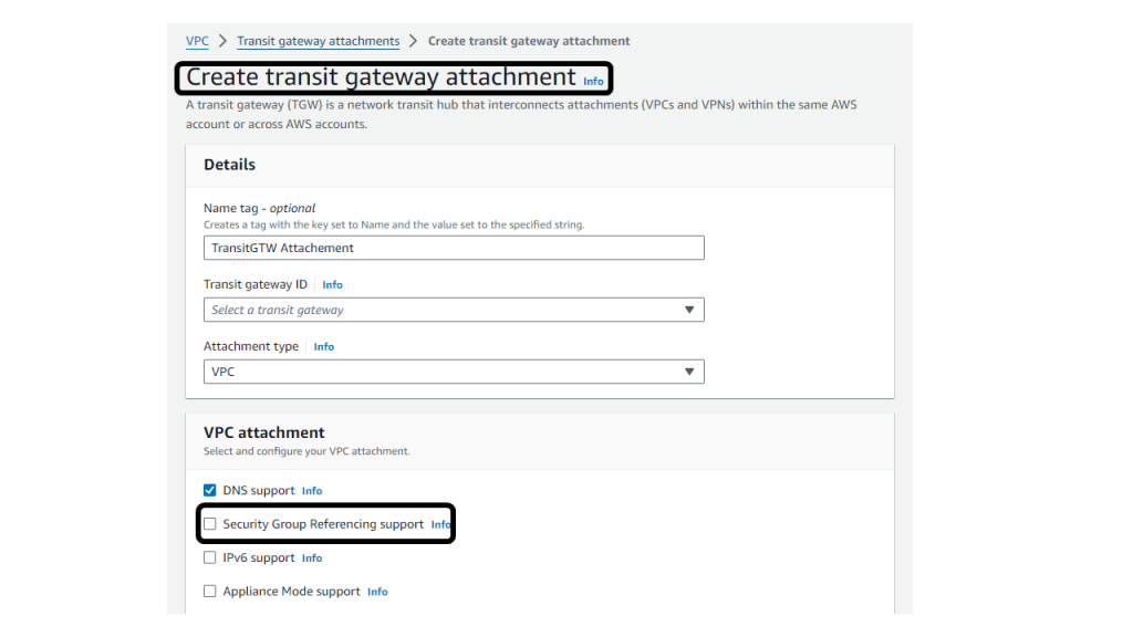 In this figure, we show the Security Group Referencing Support option at the Transit Gateway VPC attachment level within the Console