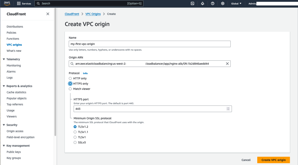 Create VPC Origin in the CloudFront console