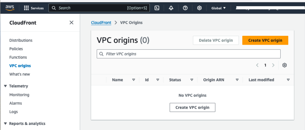 Select 'VPC Origins' in the CloudFront console