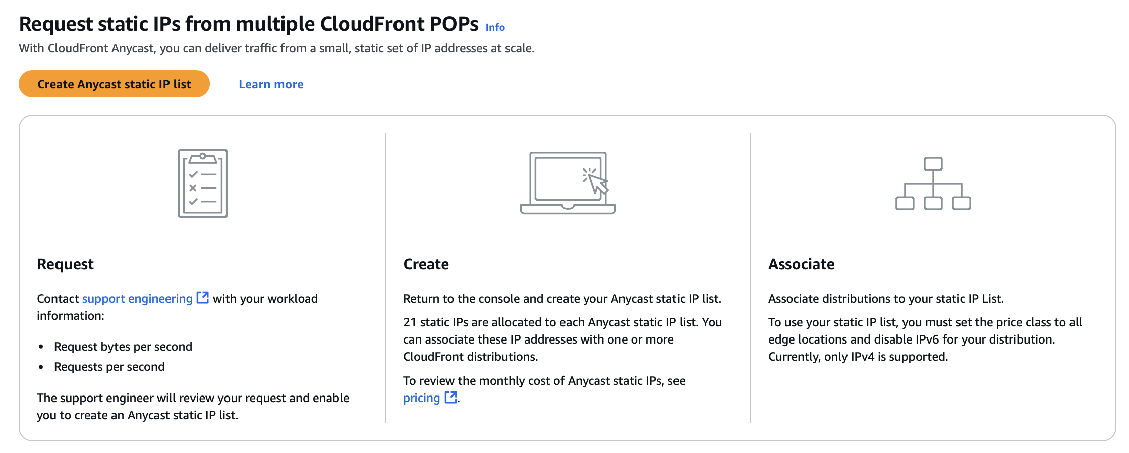 Figure 2: Requesting anycast IP list in the CloudFront console