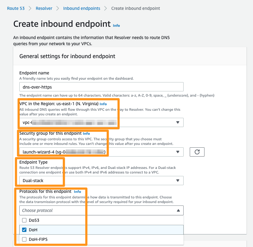 Figure 2: Create Amazon Route 53 inbound endpoint to forward DNS queries to your VPC