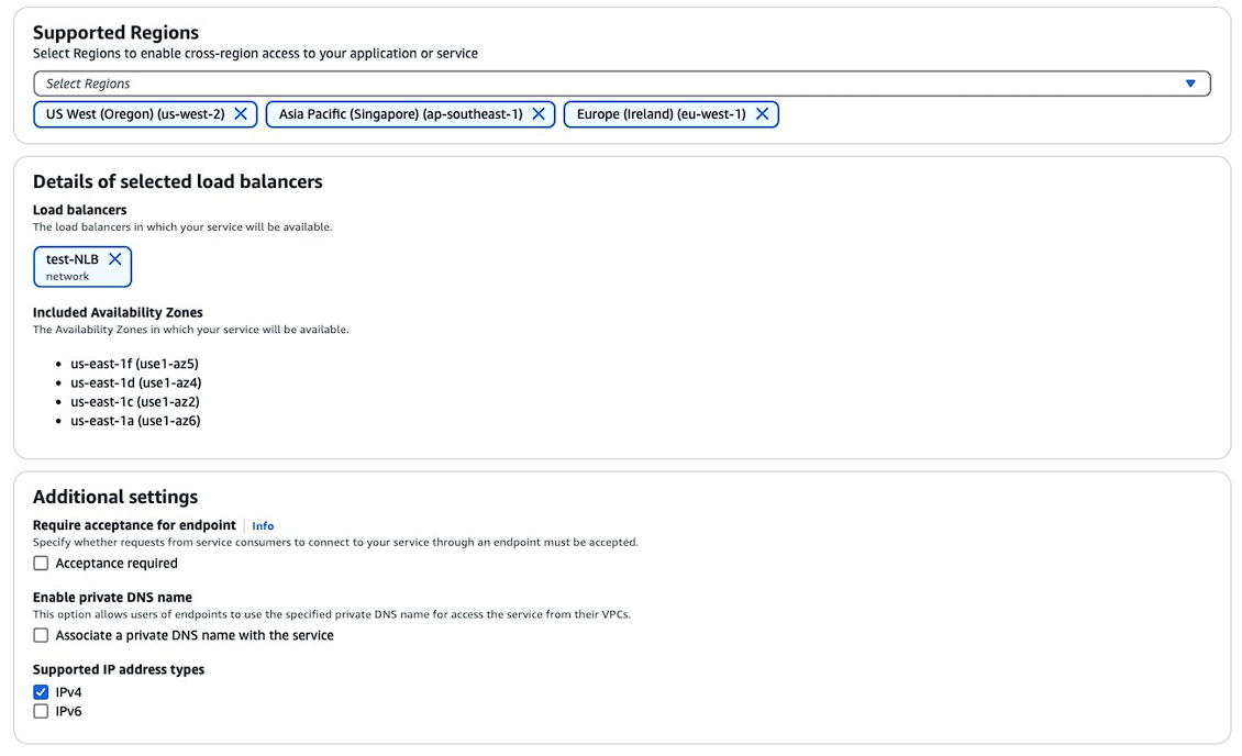 Select the Region to allow access into the PrivateLink service