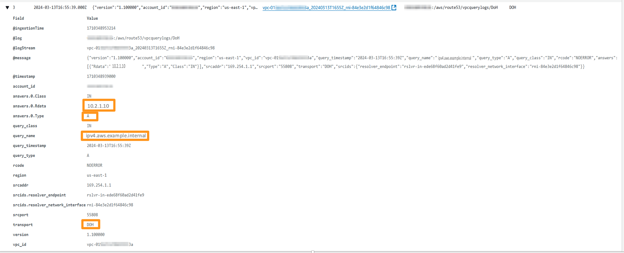 Figure 4: Route 53 Resolver DNS query logs showing DoH as the transport