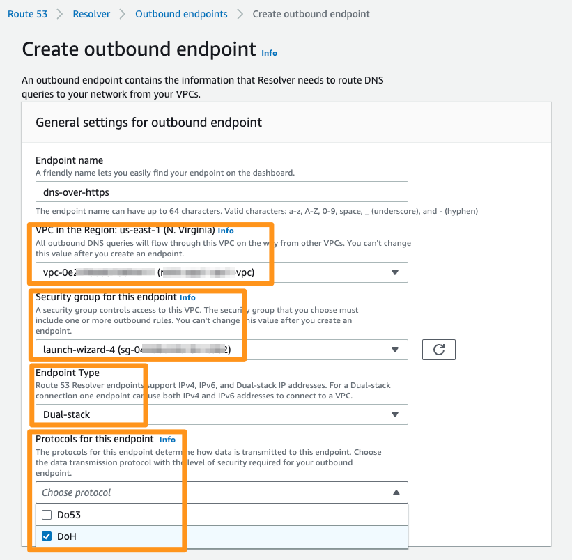 Figure 6: Create Amazon Route 53 Resolver outbound endpoint