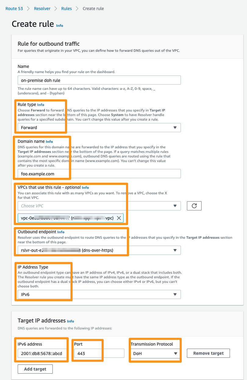Figure 7: Creating a Route 53 Resolver rule that targets an IPv6 resolver using DoH