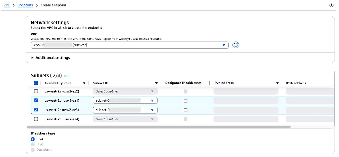 Select the VPC and AZs in which to create the endpoint