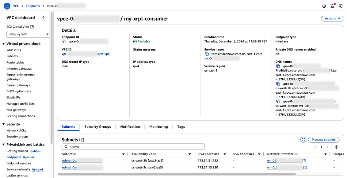 Configured endpoint with subnets and DNS names to use for applications to access the cross-region PrivateLink service