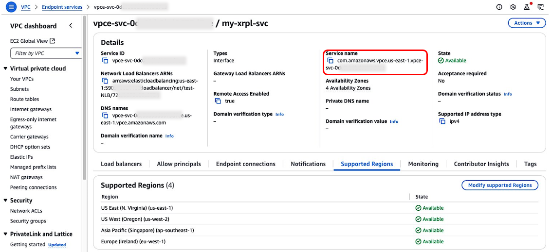 Service name created for the PrivateLink Endpoint service