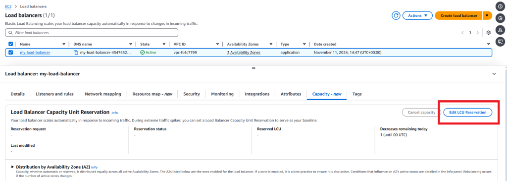 In the Capacity tab of the AWS Console for ELB a user can select the Edit LCU Reservation button to modify the desired capacity