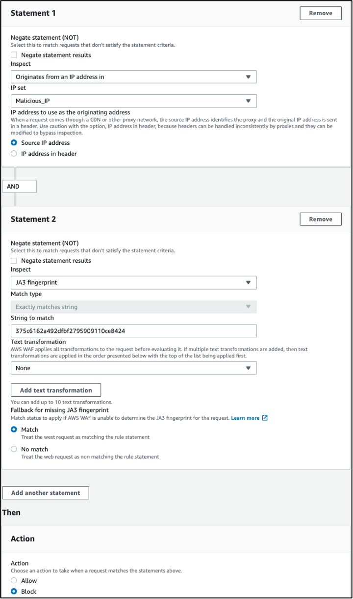 AWS WAF custom rule to block traffic using a combination of IP address and JA3 Fingerprint