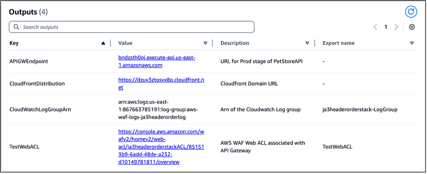 CloudFormation Output tab providing links to key resources afer the stack is deployed
