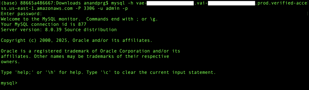 Figure 12: Successful connection by the dsuser to the RDS DB instance endpoint