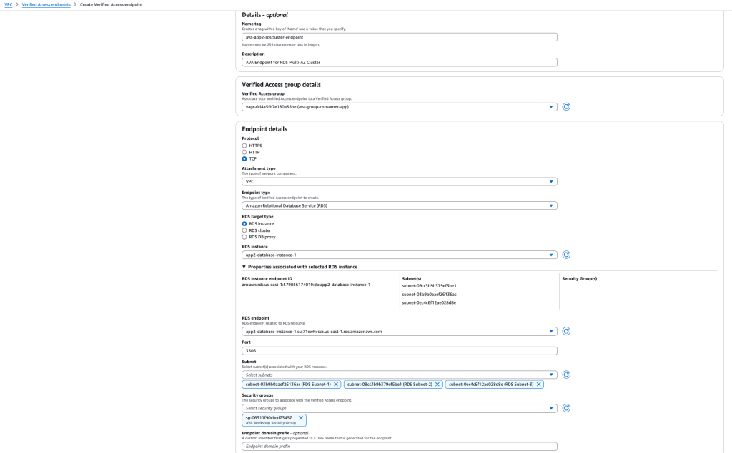 Figure 7: Verified Access Endpoint creation for RDS database cluster