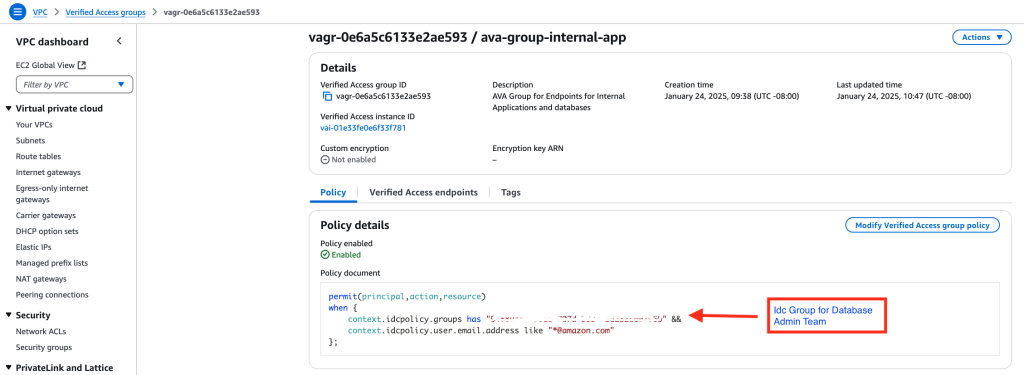 Figure 10: AVA policy applied to internal facing app databases
