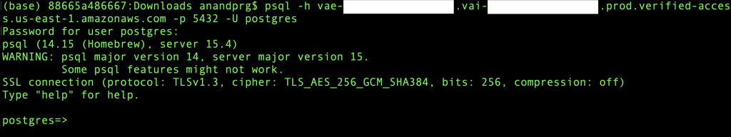 Figure 16: Successful connection by the dbadmin to the Aurora DB cluster AVA endpoint