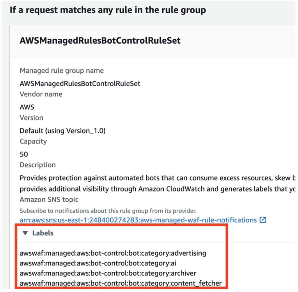 Figure 3: Some of the labels added to a request after being evaluated by the AWS WAF Bot Control rule group