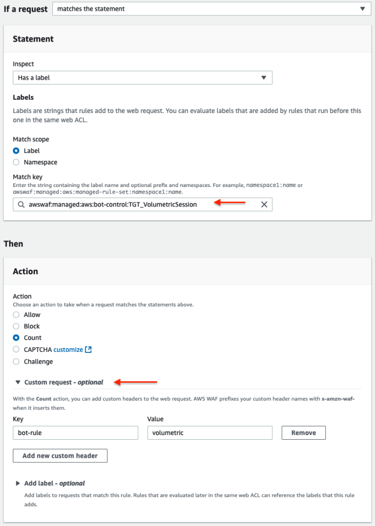 Figure 4: Custom AWS WAF rule to insert a header when matching an AWS WAF Bot Control label