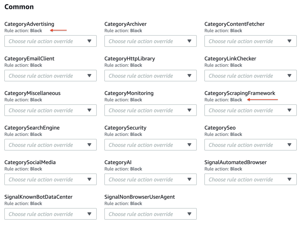 Figure 6: AWS WAF Bot Control Common rule group with default action to Block