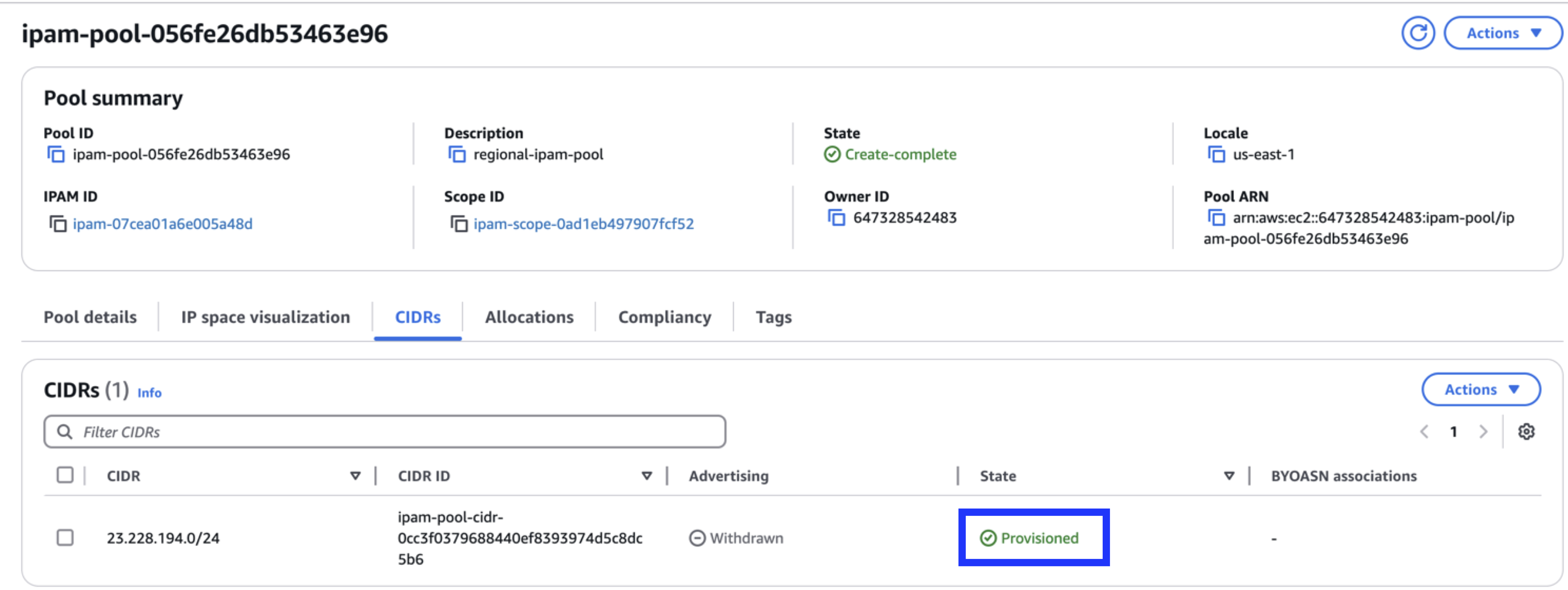 Figure 4: Verify IPAM Pool is in the provisioned state