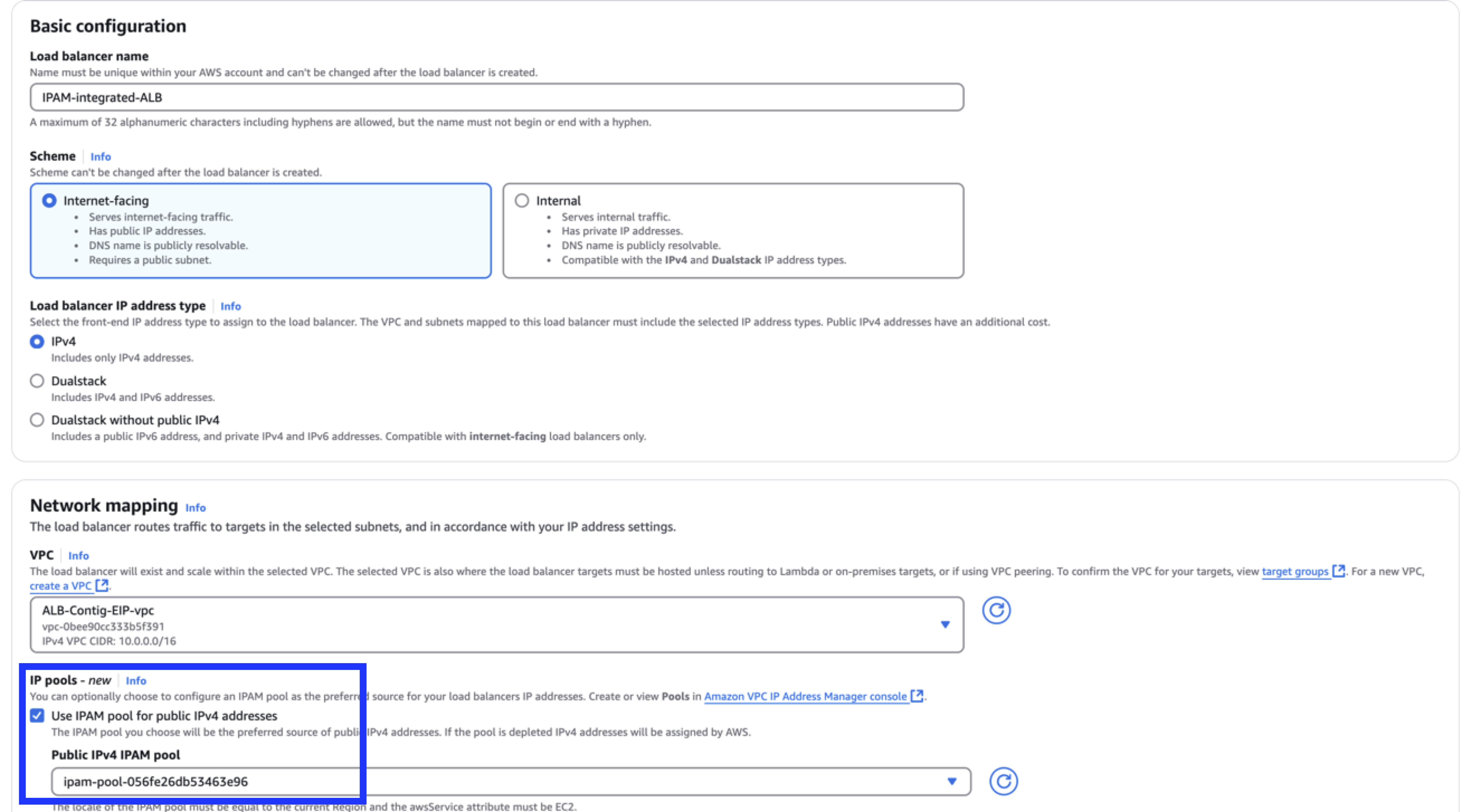 Figure 5: Select an IPAM pool while creating the ALB