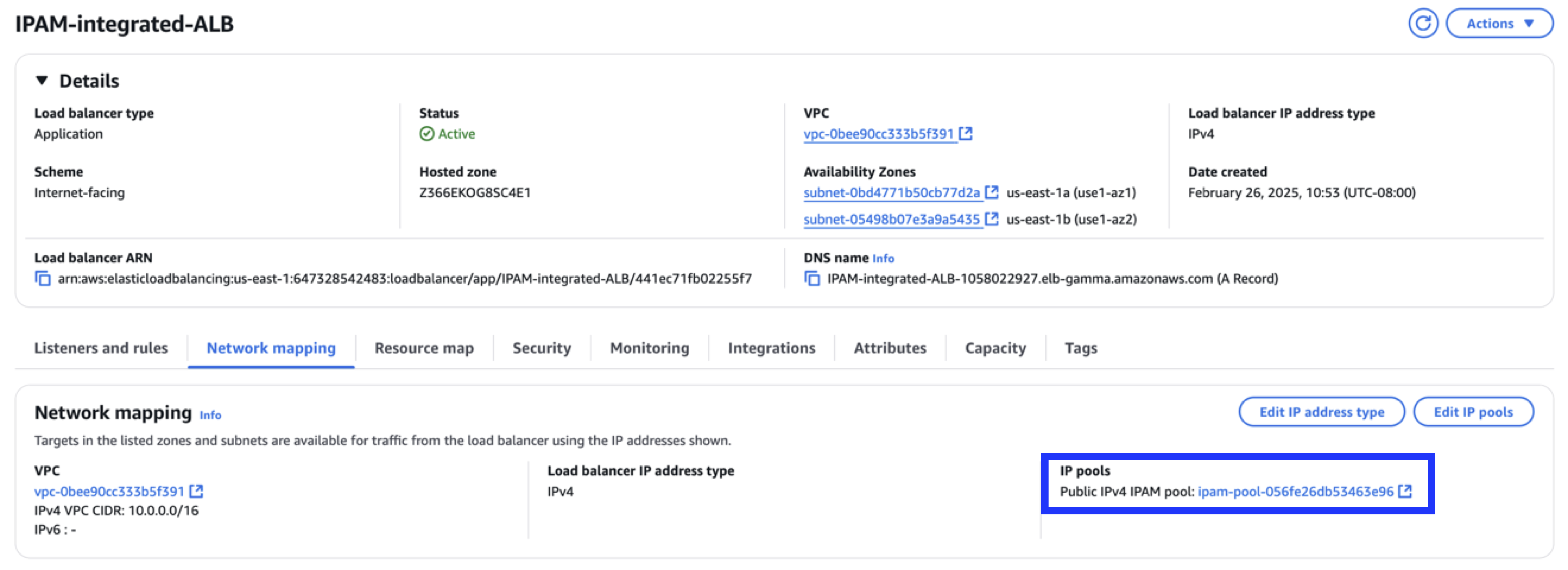 Figure 6: ALB gets its public IP addresses from the IPAM Pool