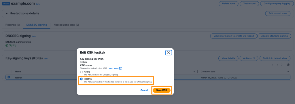 Figure 8: Change KSK status to inactive