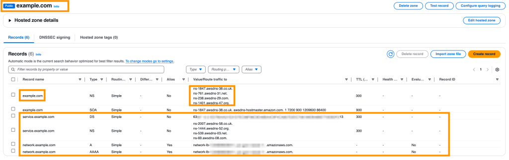 Figure 2: Records in the example.com parent public hosted zone in commercial account 