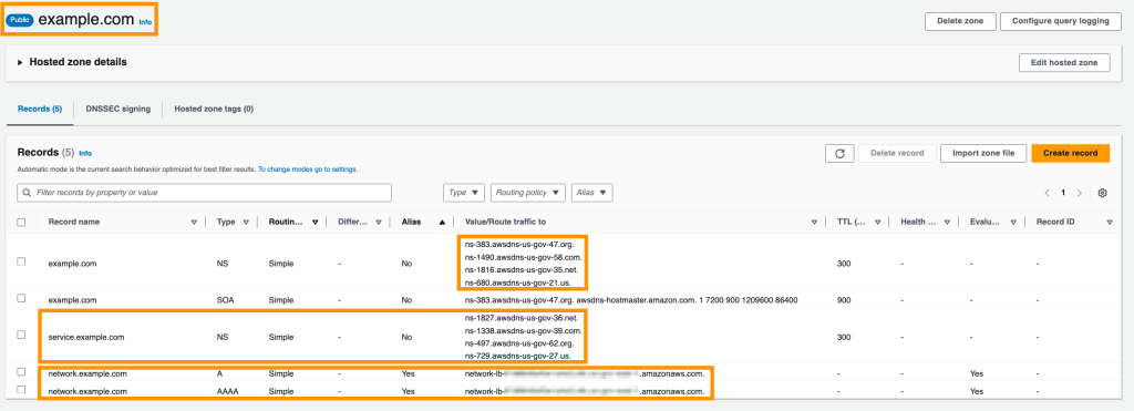 Figure 9: Records in example.com parent public hosted zone in the AWS GovCloud (US) account