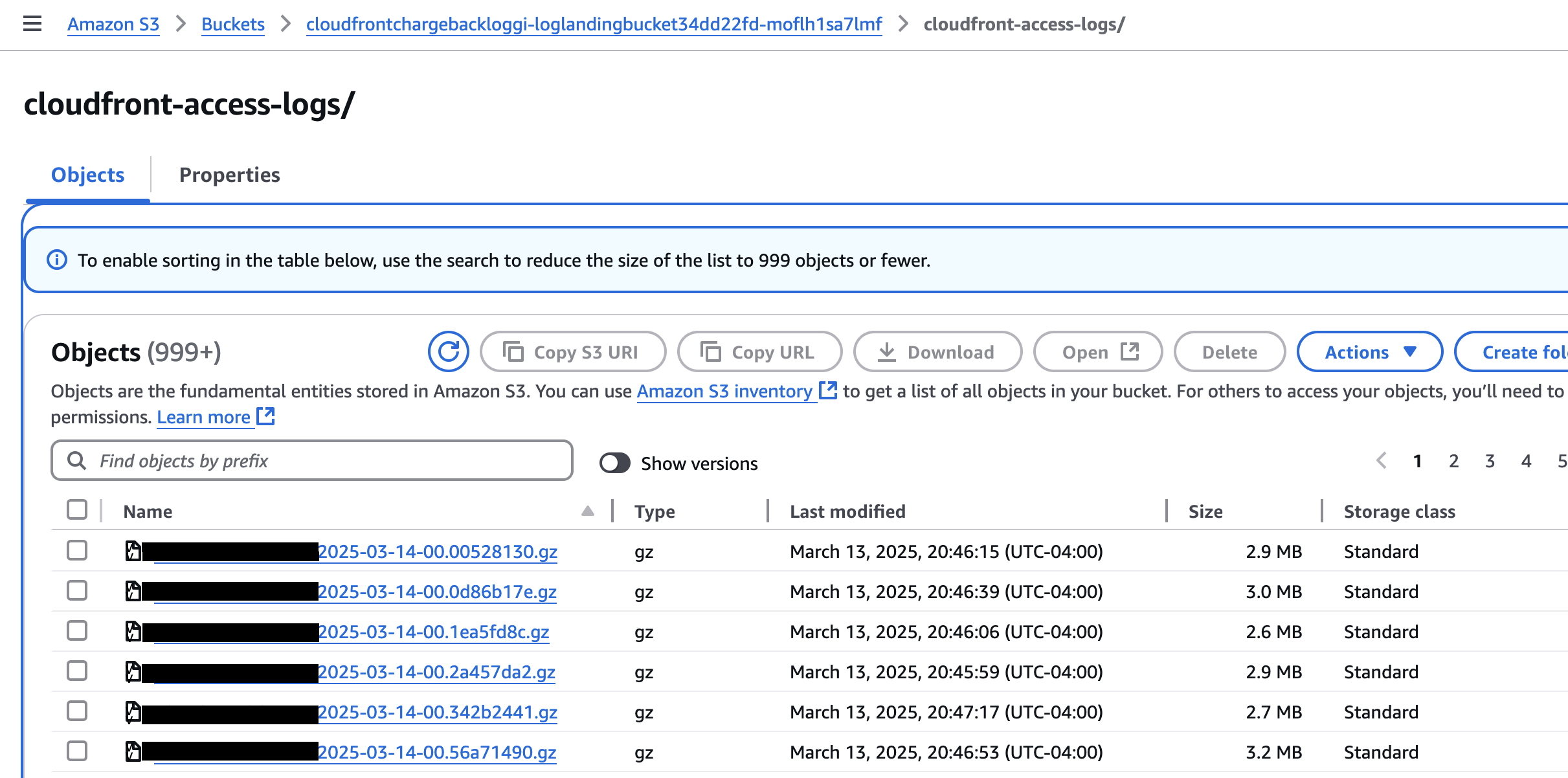 Figure 3. CloudFront standard access log requests showing the standard access log objects in an S3 bucket.