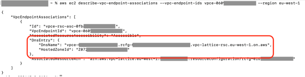 Screenshot of an AWS CLI output of a VPC endpoint association. In a red circle it is highlighted the DNS information of such association.