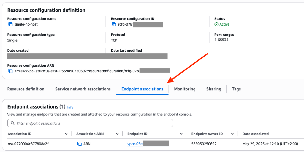AWS Management Console view of the details of a resource configuration and its association to a VPC endpoint.